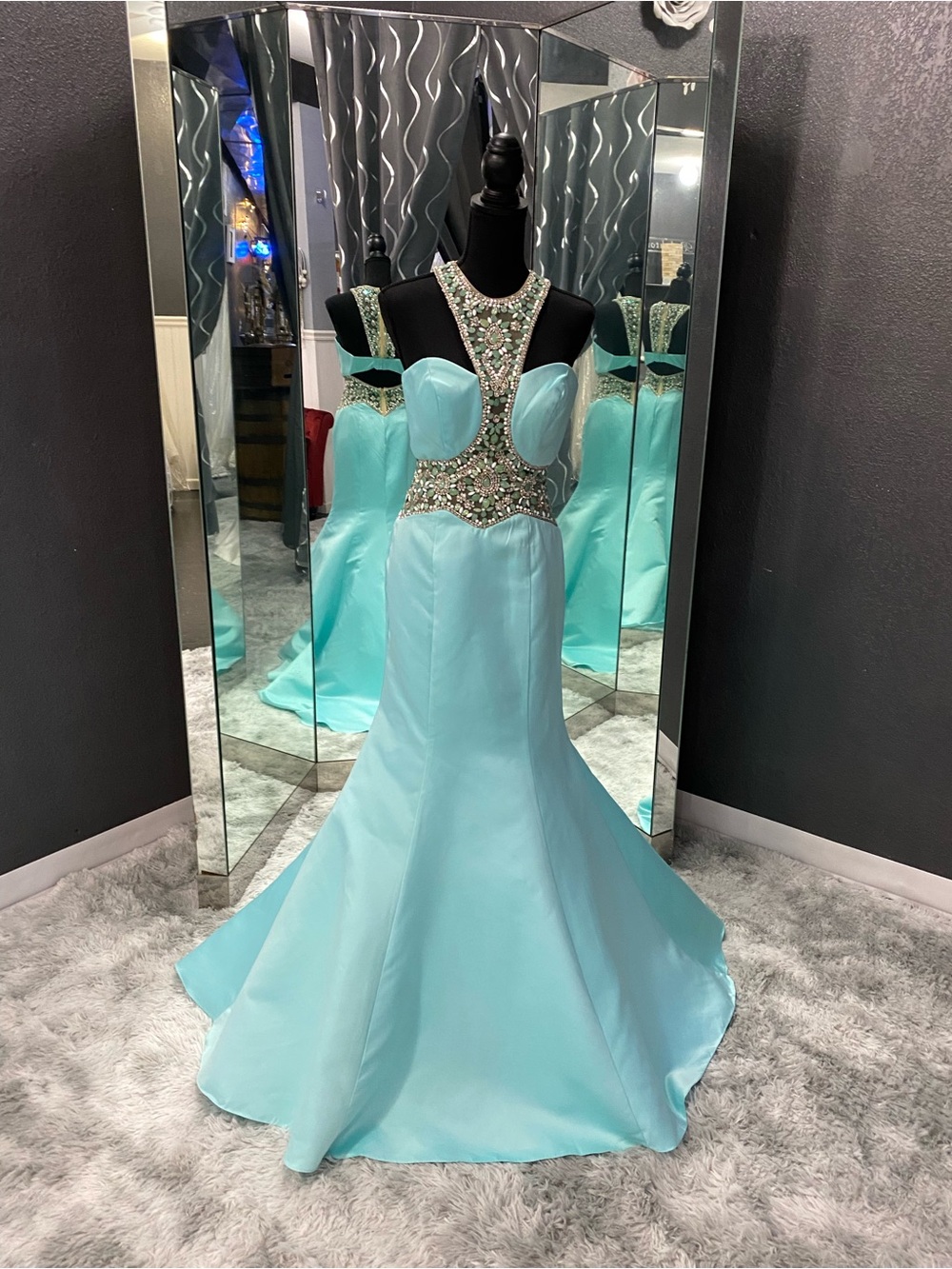 For You Dress Elegant Beaded Halter Mermaid Dress in Light Aqua